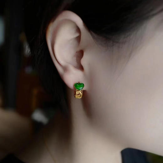 龢盒原创 冰绿翡翠如意古典金耳圈耳环 商品图4