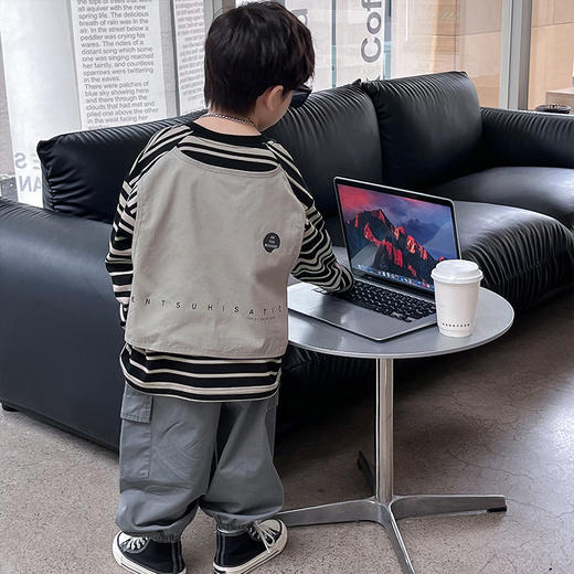 【灰黑条纹，百搭界的万金油！】儿童T恤2023童酷秋款韩版时尚宝宝假两件上衣洋气条纹男童长袖潮 商品图2