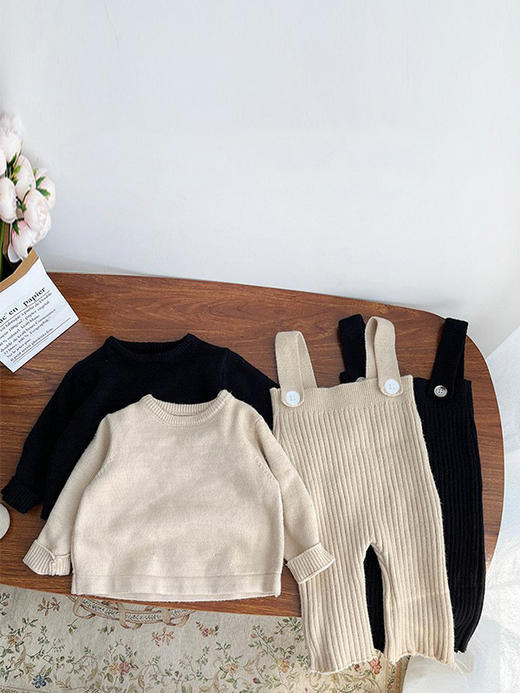 【时尚百搭，心仪之选！】罗熙春装韩版百搭纯色针织裤女童休闲坑条背带裤套装宝宝洋气裤子lm 商品图1