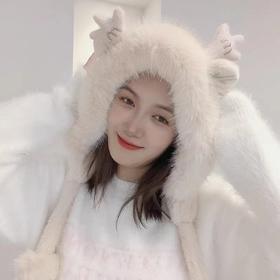【韩版风格设计，轻松搭配各种服饰！】新款甜美可爱耳朵毛绒针织雷锋帽女冬季韩版保暖防寒加绒护耳帽子lm