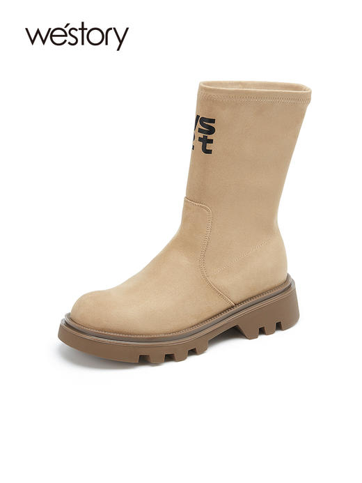 westory真皮厚底瘦瘦靴22年秋冬新款短筒圆头百搭增高弹力靴W22DS82042 商品图0