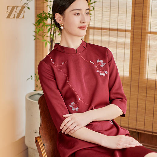 佐尔美秋季新款 气质优雅新中式旗袍七分袖连衣裙女E33LL33 商品图1