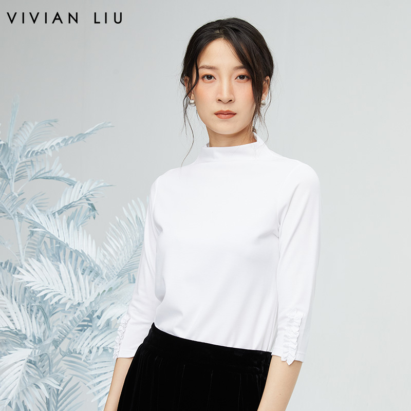 VIVIAN LIU薇薇安刘R2347316秋女装新款七分袖木耳边袖口打底衫