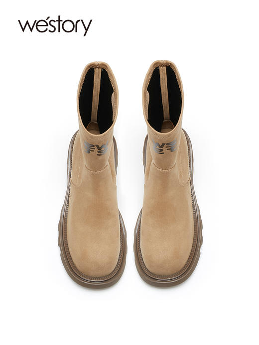 westory真皮厚底瘦瘦靴22年秋冬新款短筒圆头百搭增高弹力靴W22DS82042 商品图3