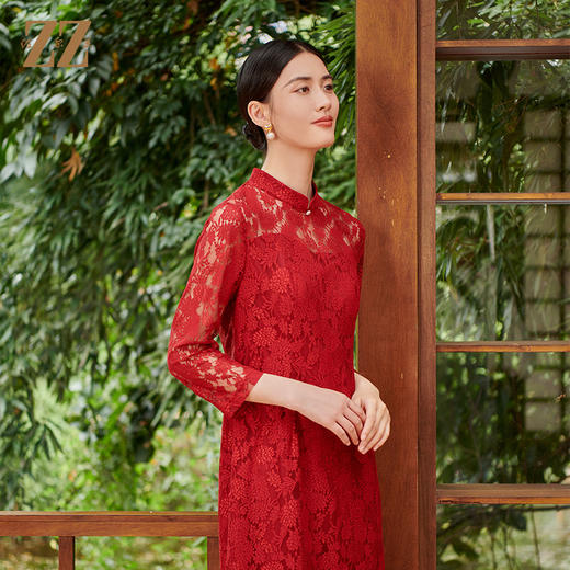 佐尔美秋季新款 优雅蕾丝高定中国红连衣裙女E33LL32 商品图3