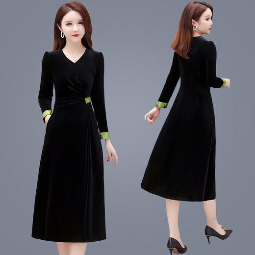 QYM 23X8327-Y金丝绒连衣裙中长裙拼色开衩A字裙 商品图2