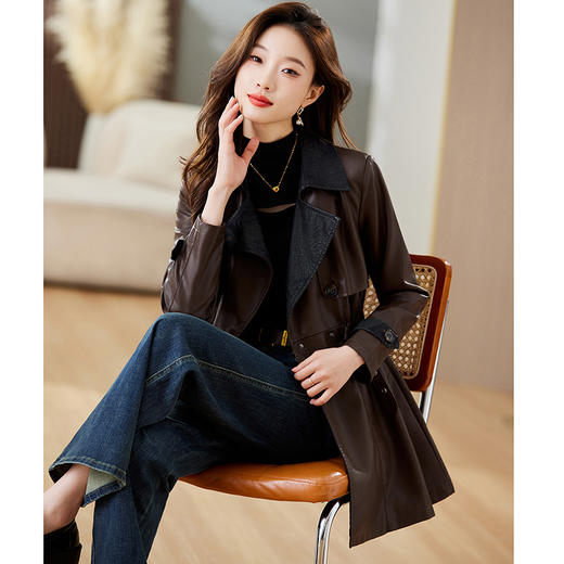 秋季新款，收腰显瘦PU皮衣外套女中长款设计感长袖翻领风衣夹克HR-CLYZ23191 商品图6