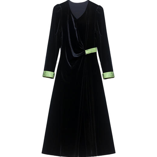 QYM 23X8327-Y金丝绒连衣裙中长裙拼色开衩A字裙 商品图3