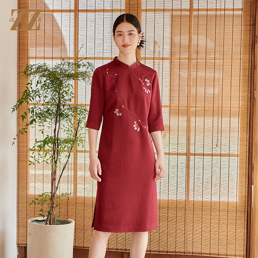 佐尔美秋季新款 气质优雅新中式旗袍七分袖连衣裙女E33LL33 商品图0