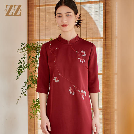 佐尔美秋季新款 气质优雅新中式旗袍七分袖连衣裙女E33LL33 商品图3
