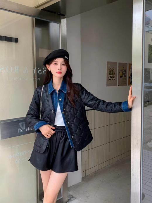 D6008        时尚气质休闲菱形格拼接牛仔假两件短款棉衣外套（特价不退换） 商品图2