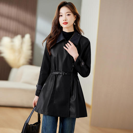 秋季新款，收腰显瘦PU皮衣外套女中长款设计感长袖翻领风衣夹克HR-CLYZ23191 商品图7