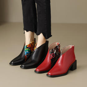 黑色民族风刺绣高跟短靴，秋冬小方头粗跟中跟靴女士马丁靴JJ-D8010