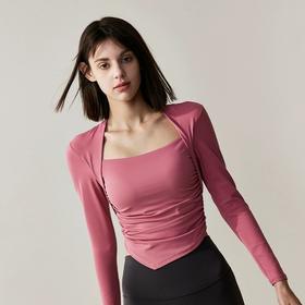 【限时秒】YOGACODE【火树银花系列】秋冬抽褶修身运动t恤跑步透气健身上衣YCDSL644（一体式固定杯）