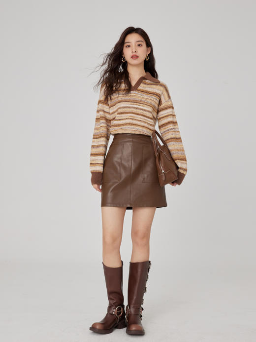 【年终特卖】熙世界老钱风穿搭复古条纹POLO领毛衣女慵懒风针织衫2025秋冬新款 商品图2