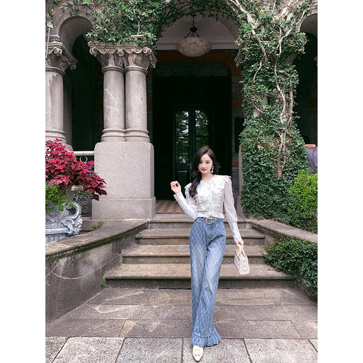 BeQueenStory【钻石香蜜】设计感菱格提花木耳边长款阔腿牛仔裤女装 商品图3