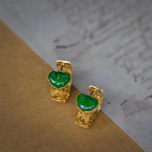 龢盒原创 冰绿翡翠如意古典金耳圈耳环 商品图0