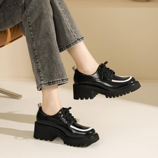 西村名物2023年秋新款英伦风厚底乐福鞋JK系带皮鞋休闲百搭女单鞋T23CM34271 商品图3