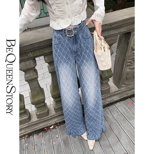 BeQueenStory【钻石香蜜】设计感菱格提花木耳边长款阔腿牛仔裤女装 商品图0