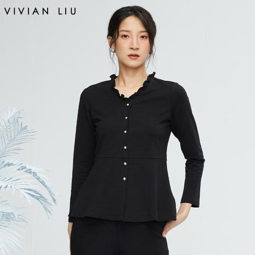 VIVIAN LIU薇薇安刘R2347308秋女装新款木耳边领收腰长袖针织衫 商品图0