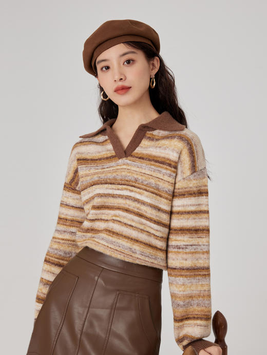 【年终特卖】熙世界老钱风穿搭复古条纹POLO领毛衣女慵懒风针织衫2025秋冬新款 商品图4