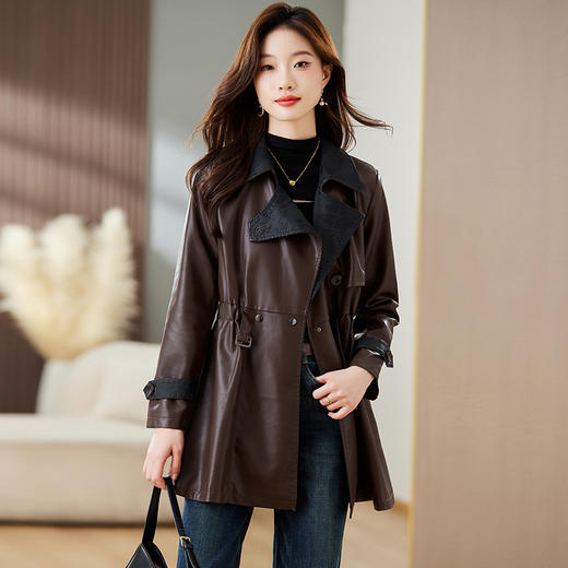 秋季新款，收腰显瘦PU皮衣外套女中长款设计感长袖翻领风衣夹克HR-CLYZ23191 商品图9