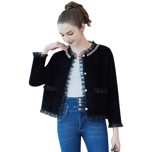 奢姿2024春季新款大码女装压褶花边时尚毛衣胖妹妹单排扣外套5733390275 商品图3