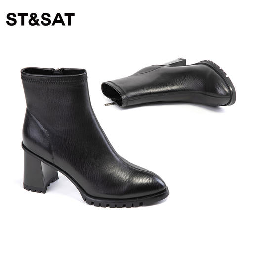 星期六时尚简约气质拉链粗跟短靴SS34116579 商品图3