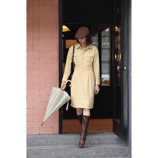 HeyDress香风洋装女秋冬法式翻领复古黄色衬衫裙收腰气质羊毛裙 商品图2