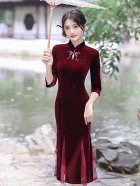 气质民国风，女中长款大小姐纯色连衣裙显瘦改良复古丝绒旗袍GSJ-150