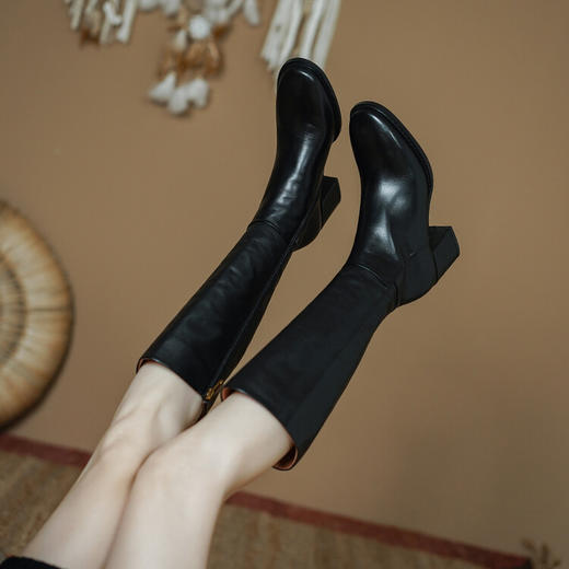 【预售7天】法式复古长靴头层牛皮秋冬圆头低跟休闲侧拉链不过膝骑士靴PS&PS2073 商品图2