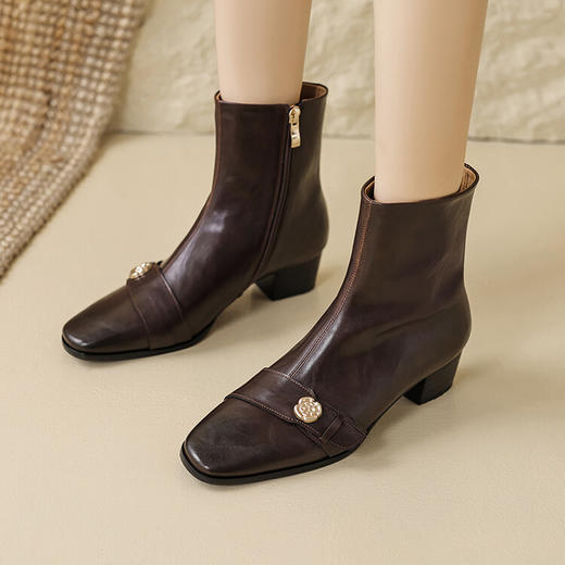 【预售5天】小香风纯色瘦瘦短靴鞋子女春秋季方头法式小裸靴马丁靴LGYZNX&990-2 商品图4