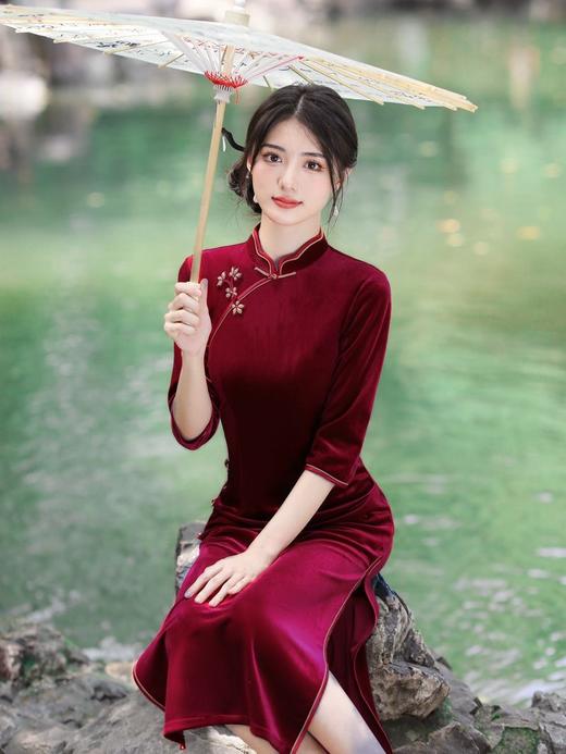 复古中国风，七分袖秋冬款黑色纯色金丝绒长款日常可穿气质旗袍GSJ-3386 商品图4