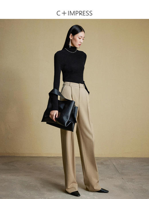 西嘉C+IMPRESS/西嘉美拉德直筒休闲裤女秋冬新款高腰浅驼色宽松西装裤KZ2304025 商品图4