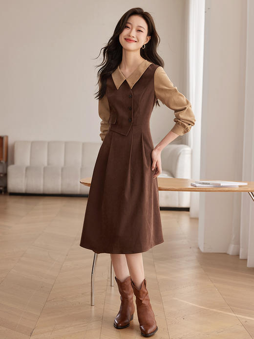 【专属特价】熙世界美拉德千金风假两件连衣裙女秋冬季高级感加厚磨绒收腰裙子 商品图4