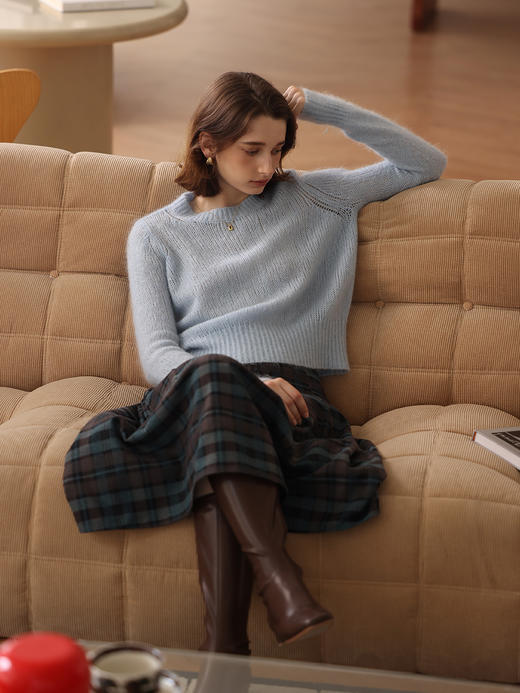 HeyDress复古格纹半身裙女秋冬法式高腰显瘦伞摆裙气质a字百褶裙 商品图3