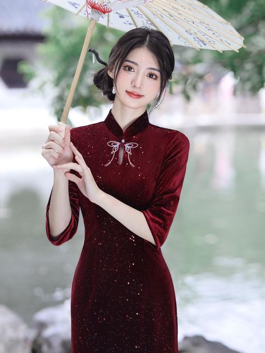 气质民国风，女中长款大小姐纯色连衣裙显瘦改良复古丝绒旗袍GSJ-150 商品图4