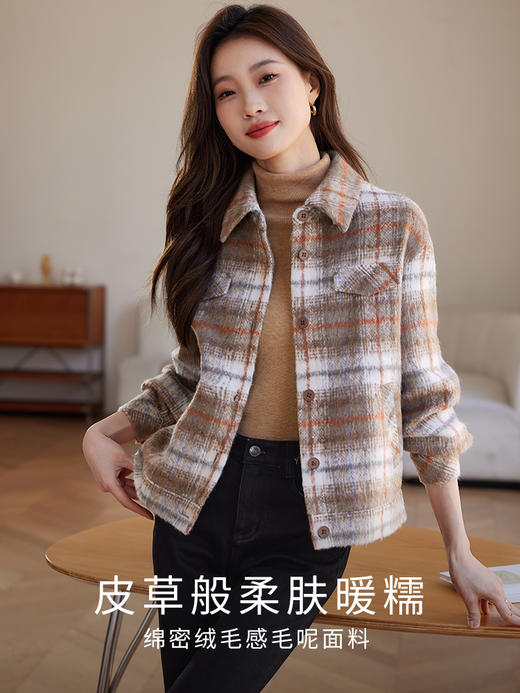 【年终特卖】熙世界北欧学院风绒感毛呢外套女短款小个子冬装格纹翻领夹克上衣 商品图1