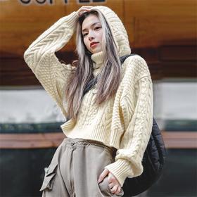 马登女装美式复古连帽高领毛衣秋冬外穿短款堆堆帽针织衫设计感