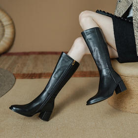 【预售7天】法式复古长靴头层牛皮秋冬圆头低跟休闲侧拉链不过膝骑士靴PS&PS2073