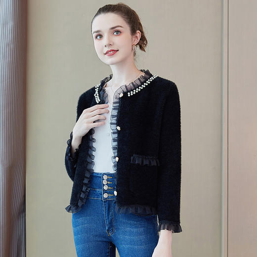 奢姿2024春季新款大码女装压褶花边时尚毛衣胖妹妹单排扣外套5733390275 商品图1