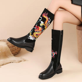 OLD G003民族风高筒靴磨砂牛皮长筒靴刺绣花