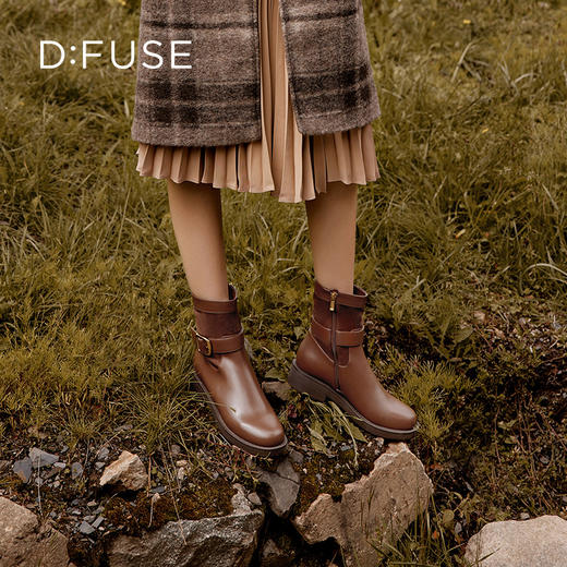 Dfuse迪芙斯冬季新款牛皮圆头复古方扣休闲短靴女DF34116156/DF34118156 商品图8