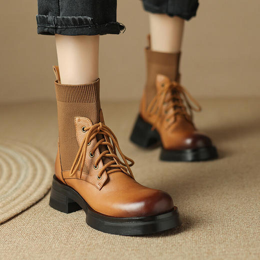 时尚百搭，复古擦色里外全皮毛线筒系带马丁靴短靴SSS5688 商品图0