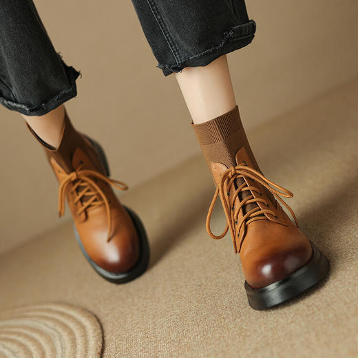 时尚百搭，复古擦色里外全皮毛线筒系带马丁靴短靴SSS5688 商品图2