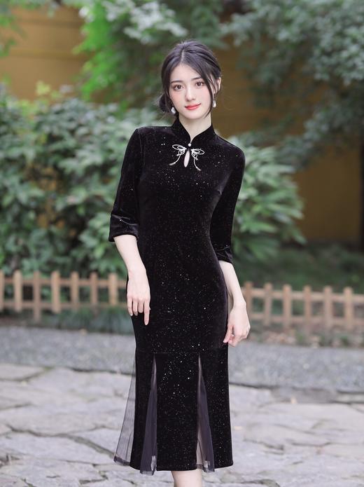 气质民国风，女中长款大小姐纯色连衣裙显瘦改良复古丝绒旗袍GSJ-150 商品图3