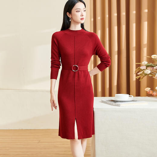 米思阳【100%绵羊毛】2025冬季新款气质优雅中国红羊毛连衣裙2342 商品图0