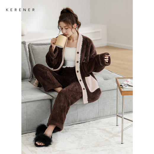 可人儿舒棉绒睡衣女秋冬保暖韩版美拉德风珊瑚绒可外穿家居服套装 商品图2