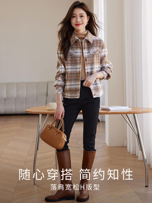 【年终特卖】熙世界北欧学院风绒感毛呢外套女短款小个子冬装格纹翻领夹克上衣 商品图2