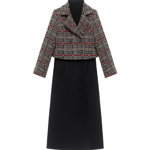 新款时尚套装裙中长裙时尚两件套连衣裙打底裙短款格纹外套QYM-TYH-239903-Y 商品图4